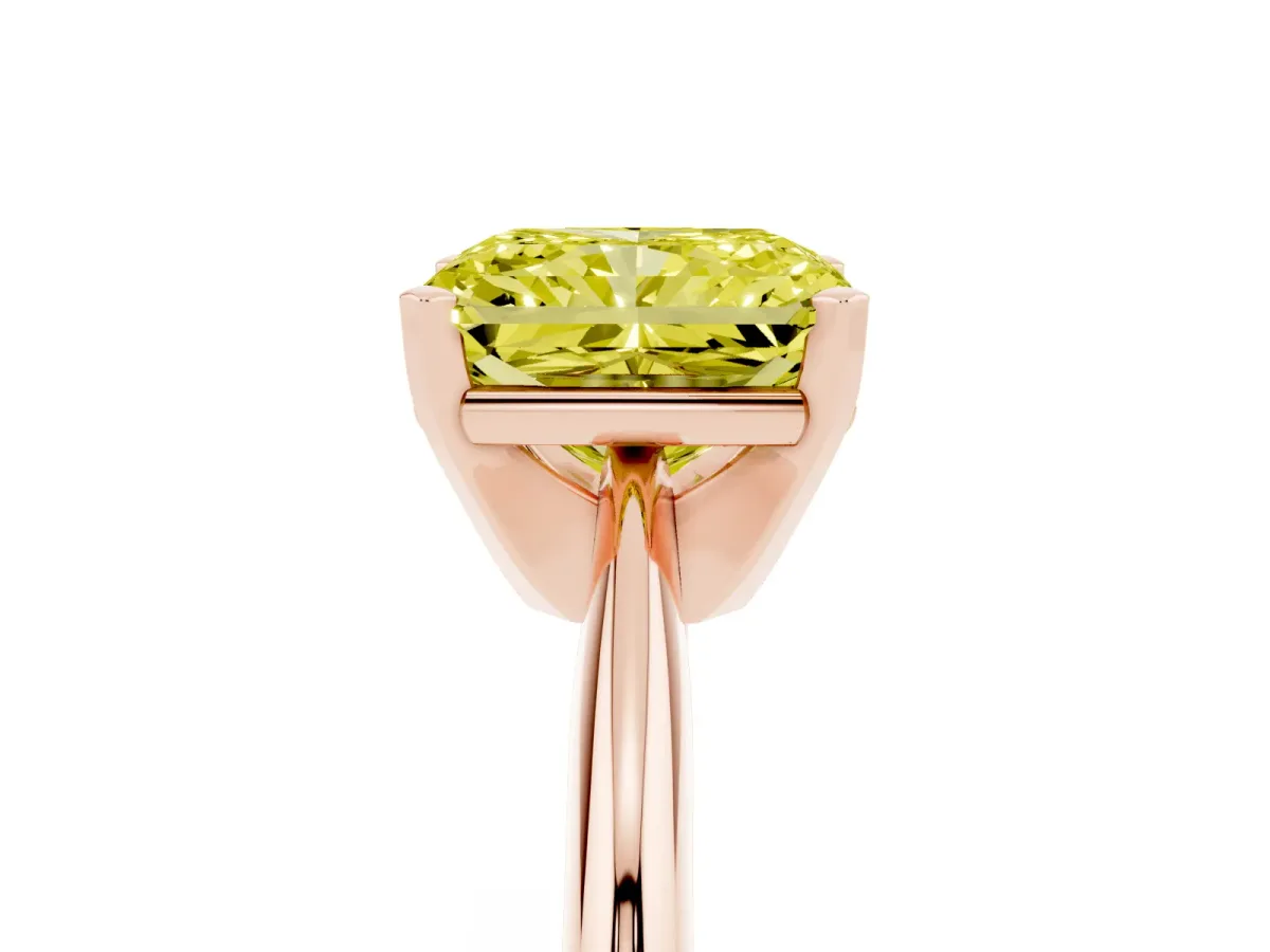 Fancy Yellow Radiant Cut Cut Solitaire Ring with Four-Prong Setting on a Classic Band Rose gold