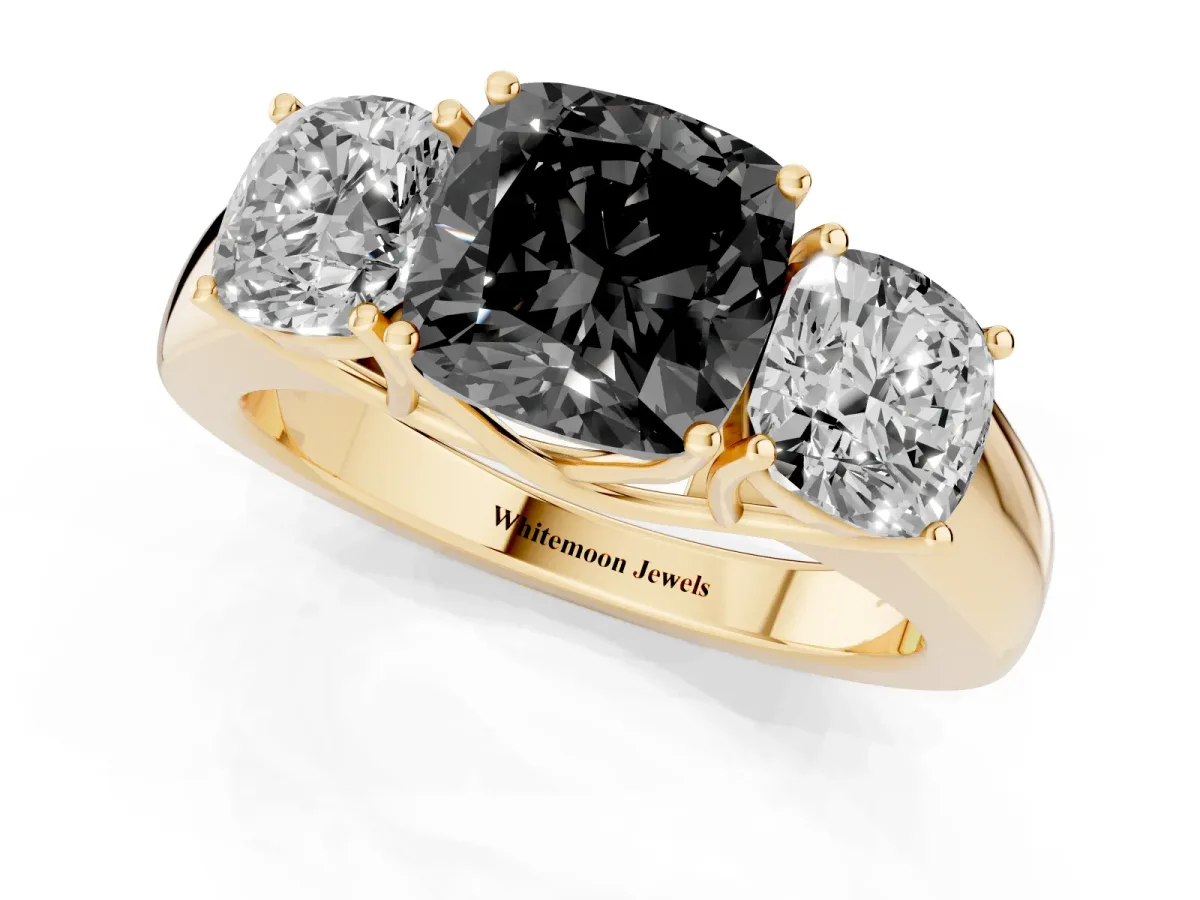 Fancy Black Three-Stone Cushion Cut Cut Diamond Ring with Prong Setting and Classic Band Yellow gold