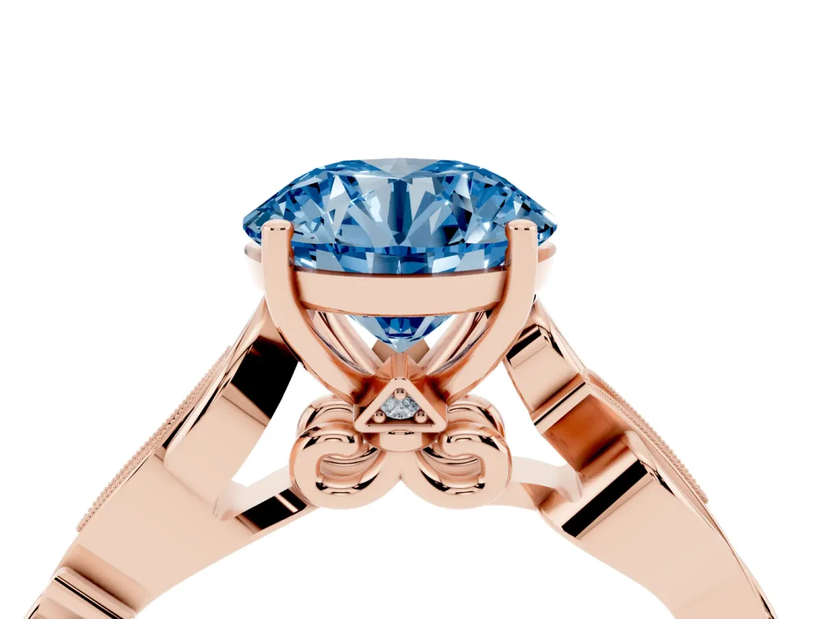 Fancy Blue Round Cut Solitaire Vine Band with Milgrain Prong Setting Rose gold