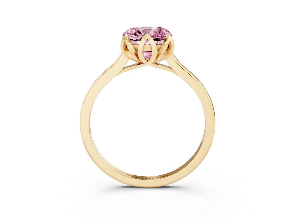 Fancy Pink Cushion Cut Diamond Solitaire Ring with Flower Prong Setting and Classic Band Yellow gold