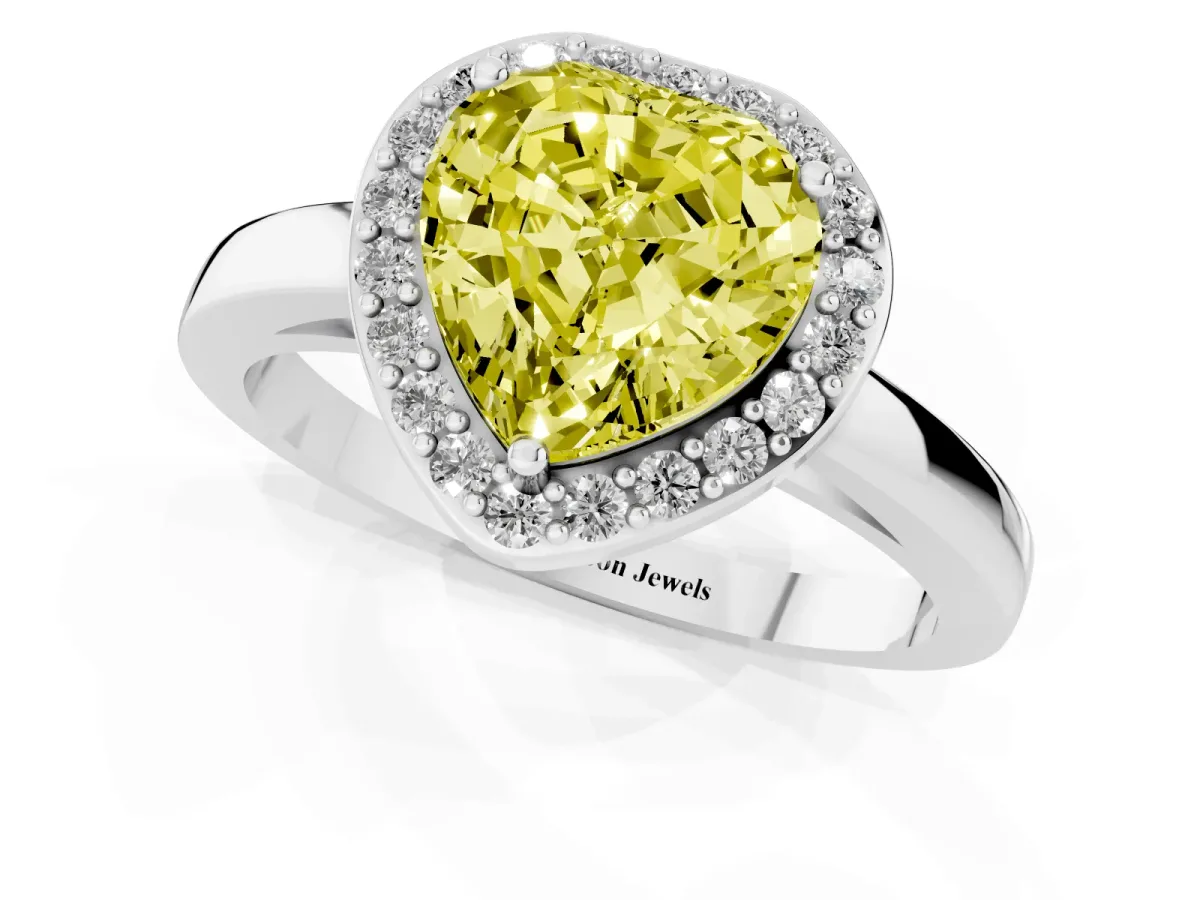 Fancy Yellow Heart Cut Halo Diamond Ring with Solitaire Band and Prong Setting Silver