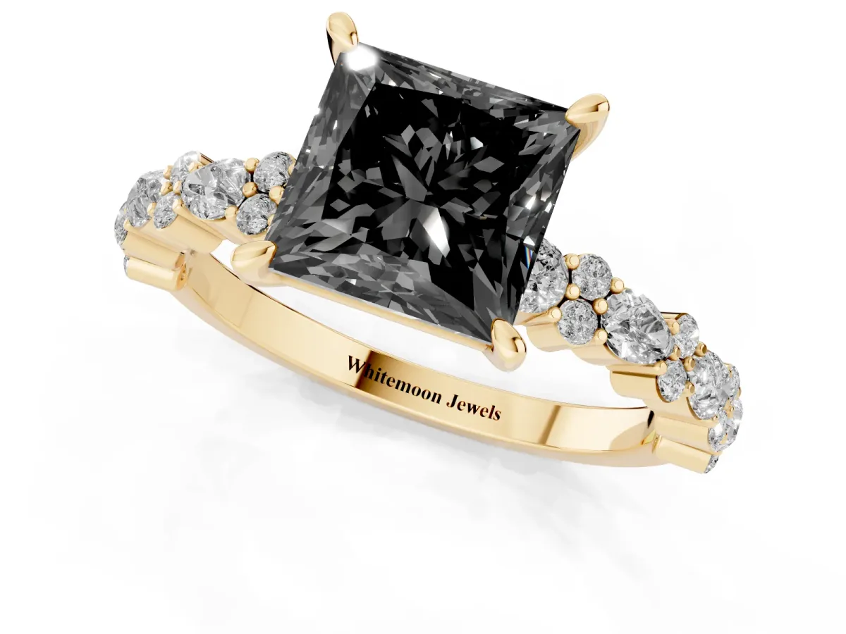Fancy Black Princess Cut Diamond Side Stone Solitaire Ring with Round and Four-Prong Setting Yellow gold