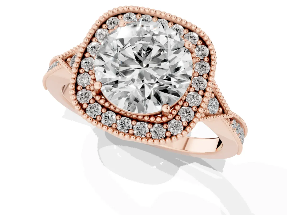 Round Cut Halo Round Diamond Milgrain Pave Engagement Ring Rose gold