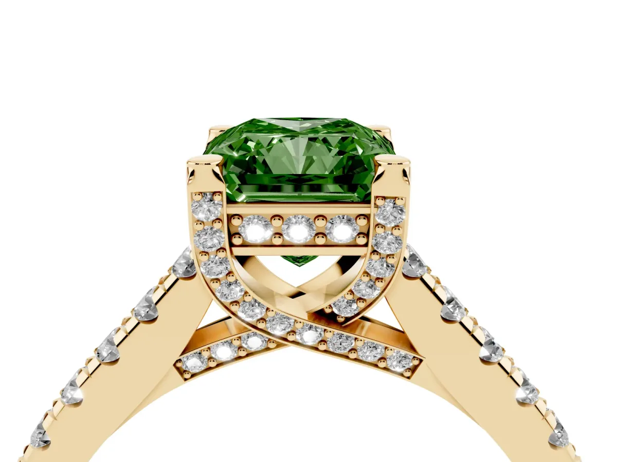 Fancy Green Radiant Cut Brilliant Diamond Solitaire with Pavé Band and Four-Prong Setting Yellow gold