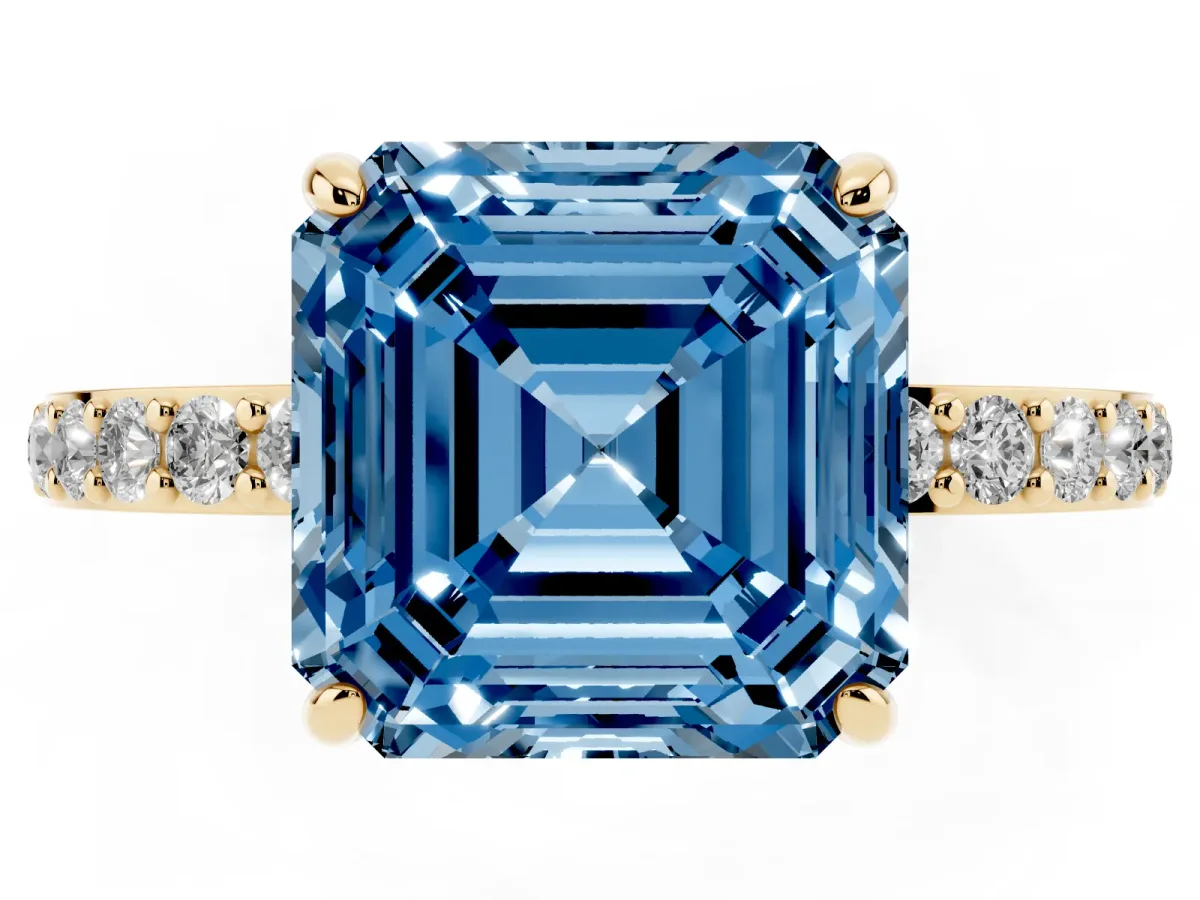 Fancy Blue Asscher Cut Diamond Pavé Engagement Ring with Round Accents and Prong Setting Yellow gold