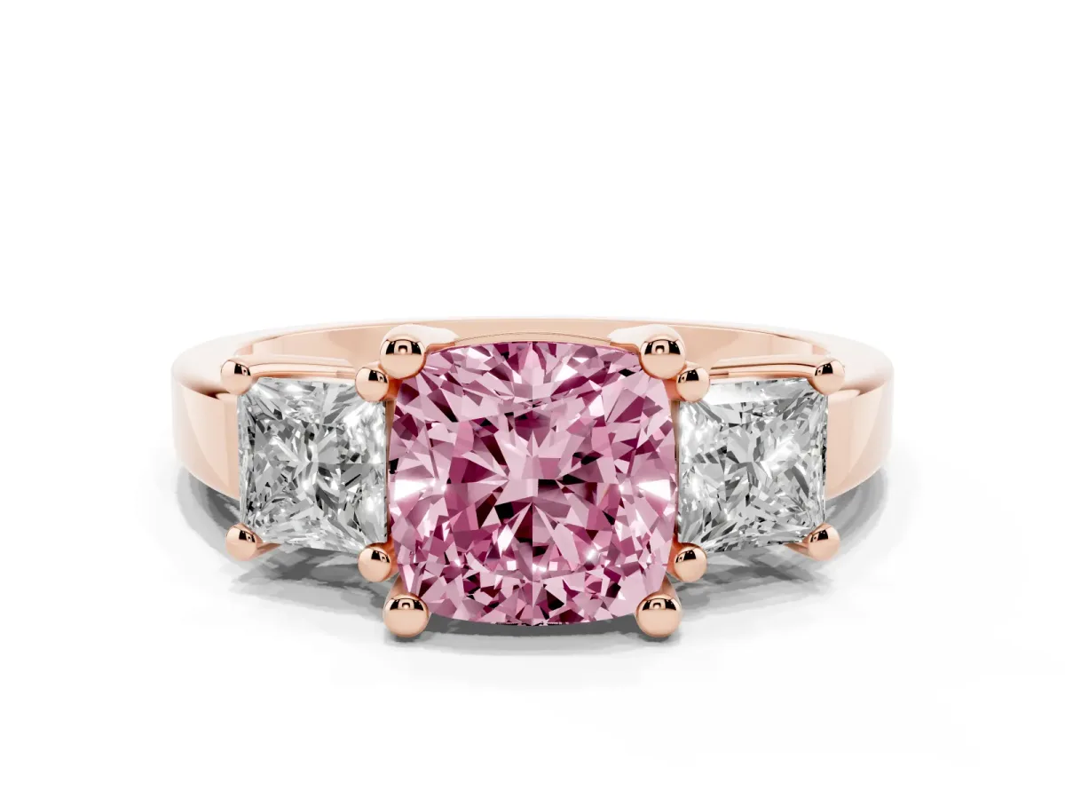 Fancy Pink Three-Stone Cushion Cut Cut Solitaire Ring with Prong Setting Rose gold