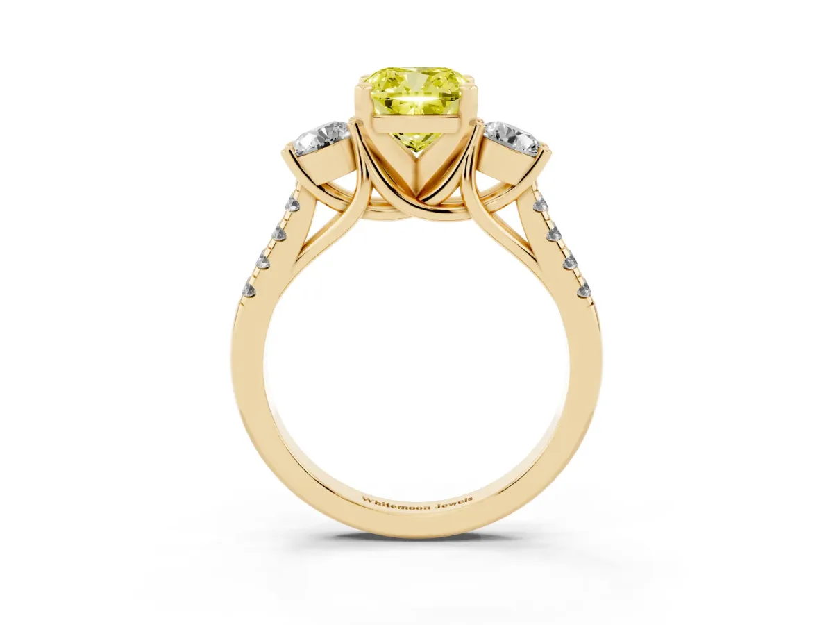 Fancy Yellow Three-Stone Cushion Cut Diamond Pavé Band with Four-Prong Setting Yellow gold