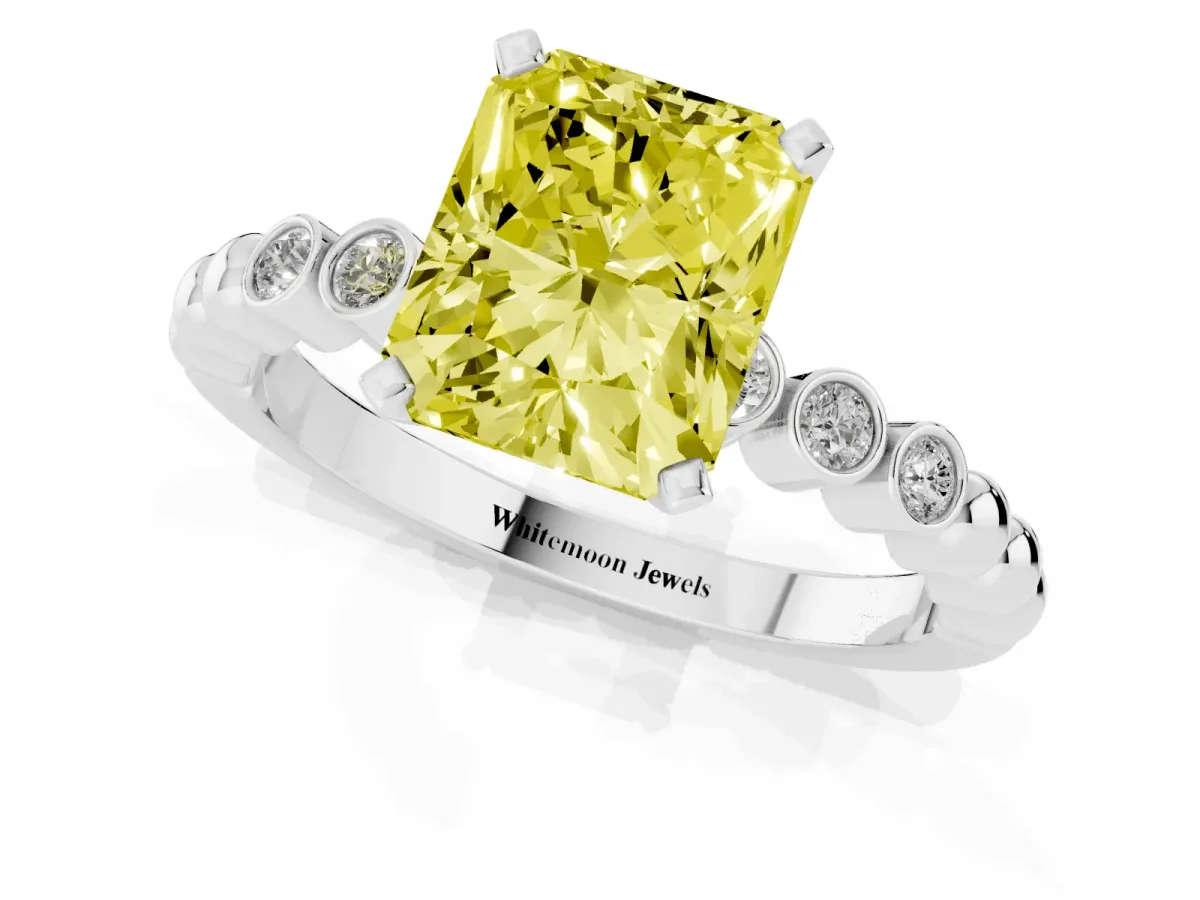 Fancy Yellow Radiant Cut Solitaire Bezel Accent Diamond Engagement Ring with Beaded Band and Four-Prong Setting Silver