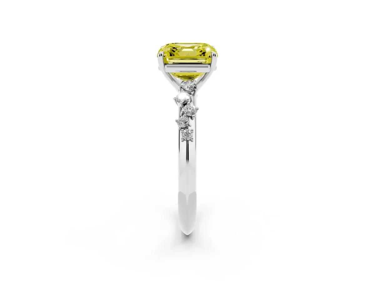 Fancy Yellow Asscher Cut Diamond Cluster Side Stone Solitaire Ring with Prong Setting Platinum