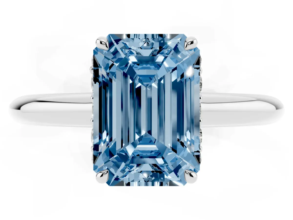 Fancy Blue Emerald Cut Brilliant Solitaire Engagement Ring with Six-Prong Setting and Classic Band Platinum