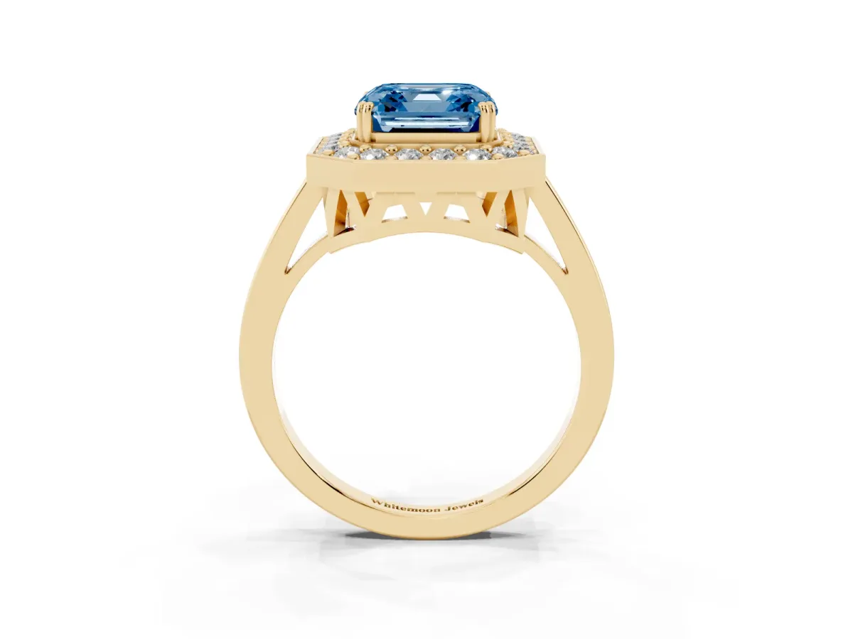 Fancy Blue Asscher Cut Diamond Halo Ring with Split Shank and Four-Prong Setting Yellow gold
