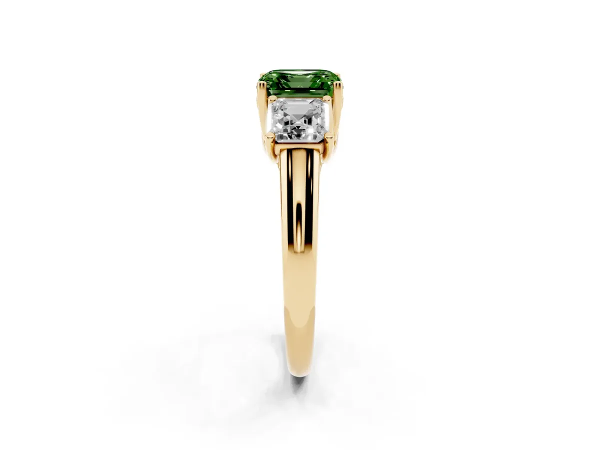 Fancy Green Three-Stone Asscher Cut Diamond Engagement Ring with Prong Setting Yellow gold