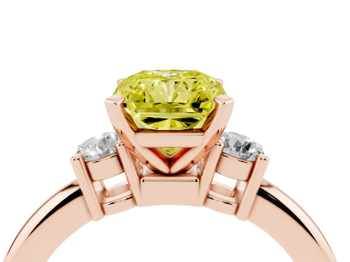 Fancy Yellow Three-Stone Radiant Cut Cut Diamond Solitaire with Prong Setting and Classic Band Rose gold