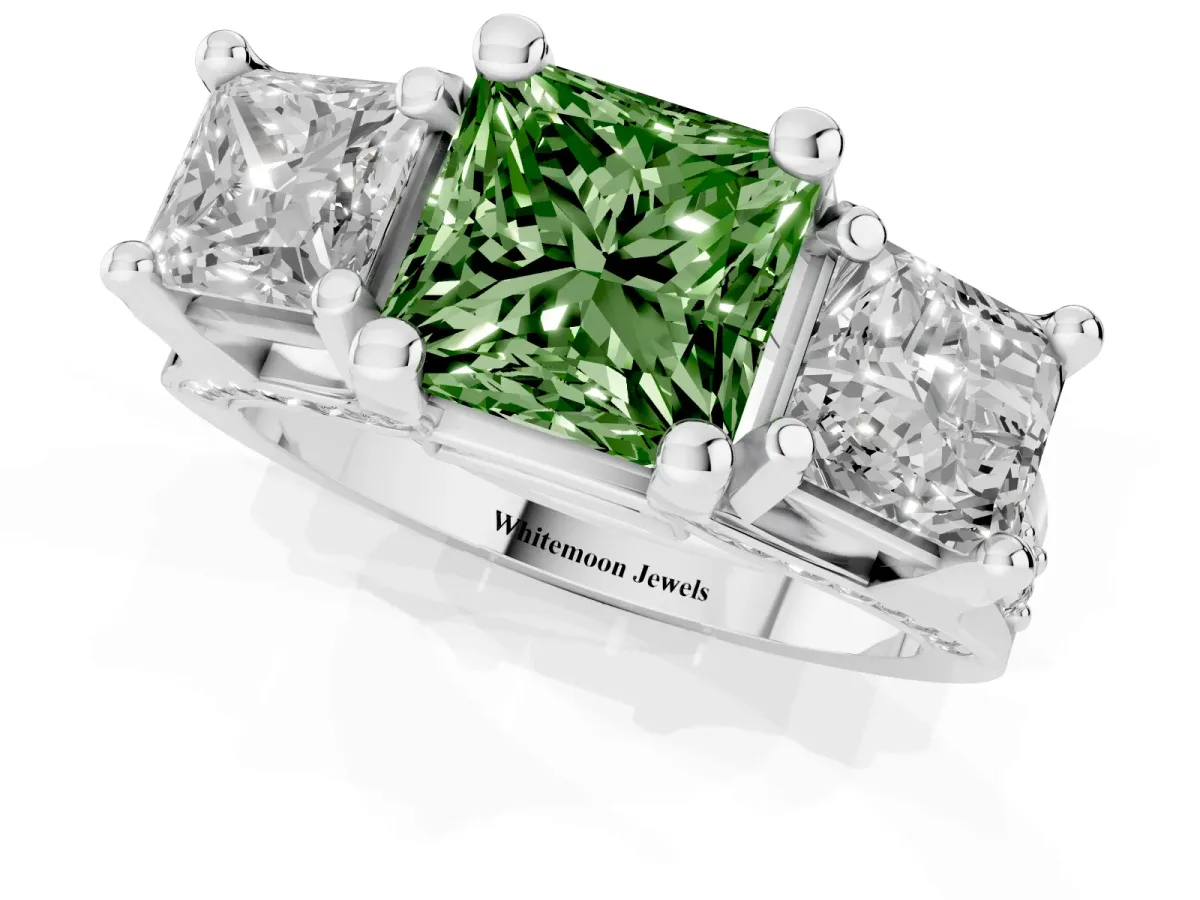 Fancy Green Princess Cut Diamond Three-Stone Ring with Channel Set Band and Four-Prong Setting Silver
