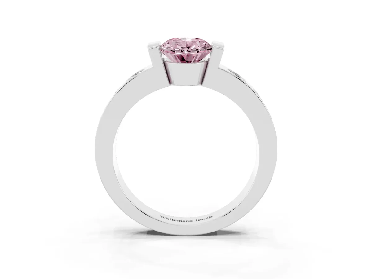 Fancy Pink Oval Cut Brilliant Channel-Set Diamond Ring with Bezel Prong Setting Platinum