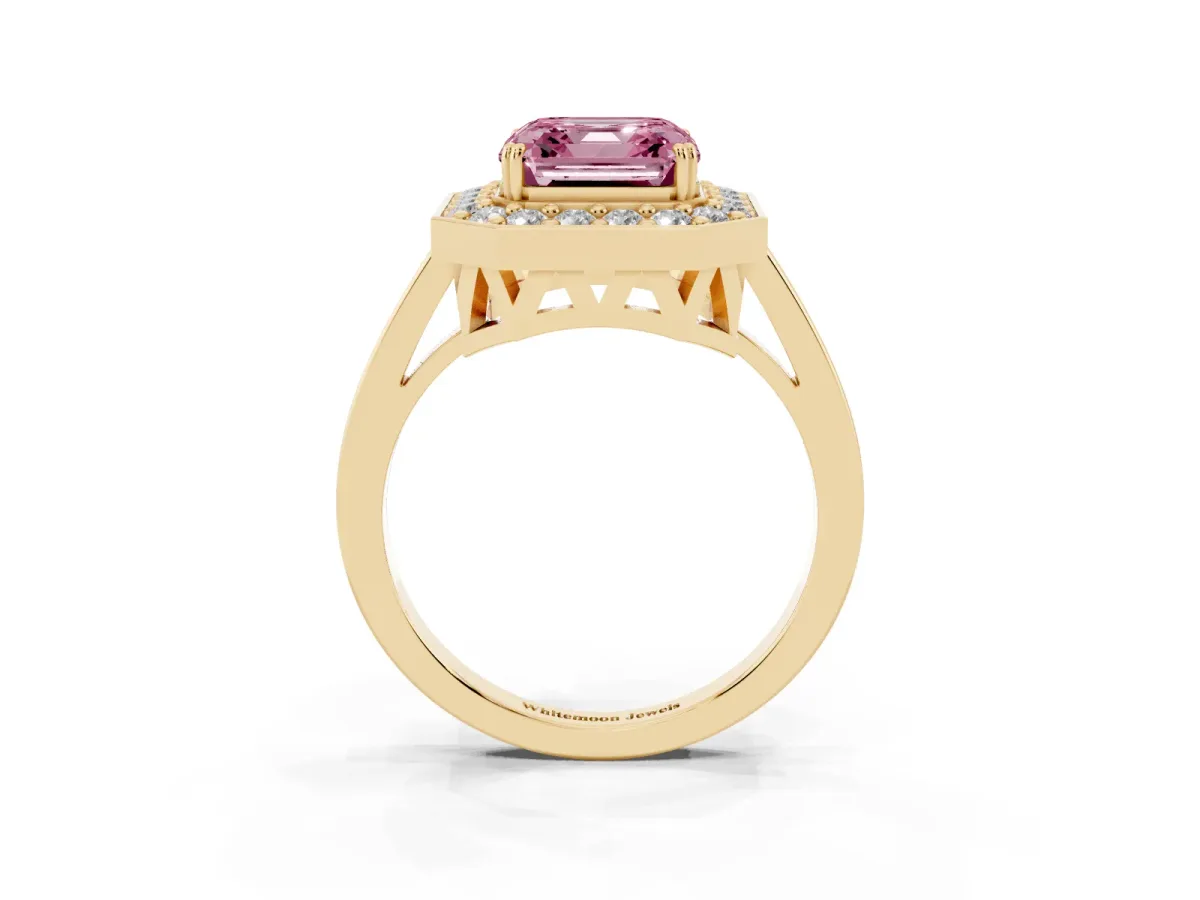 Fancy Pink Asscher Cut Diamond Halo Ring with Split Shank and Four-Prong Setting Yellow gold