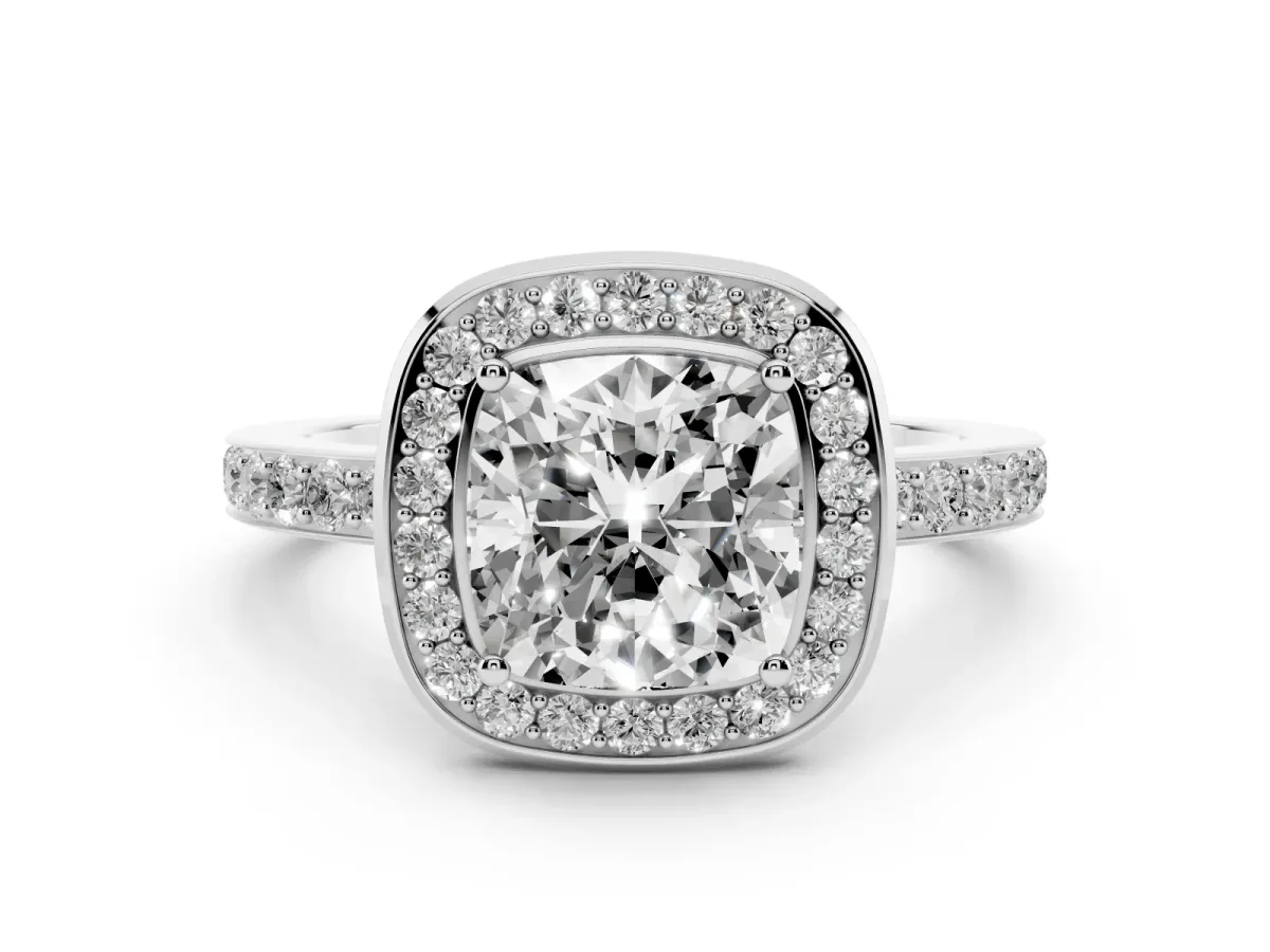 Cushion Cut Diamond Halo Ring with Bezel Frame and Pavé Band Silver