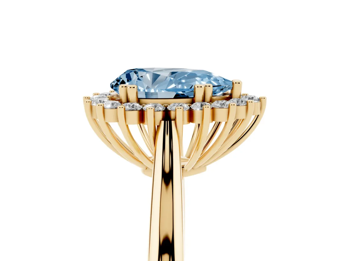 Fancy Blue Pear Cut Cut Diamond Halo Ring with Solitaire Band and Prong Setting Yellow gold