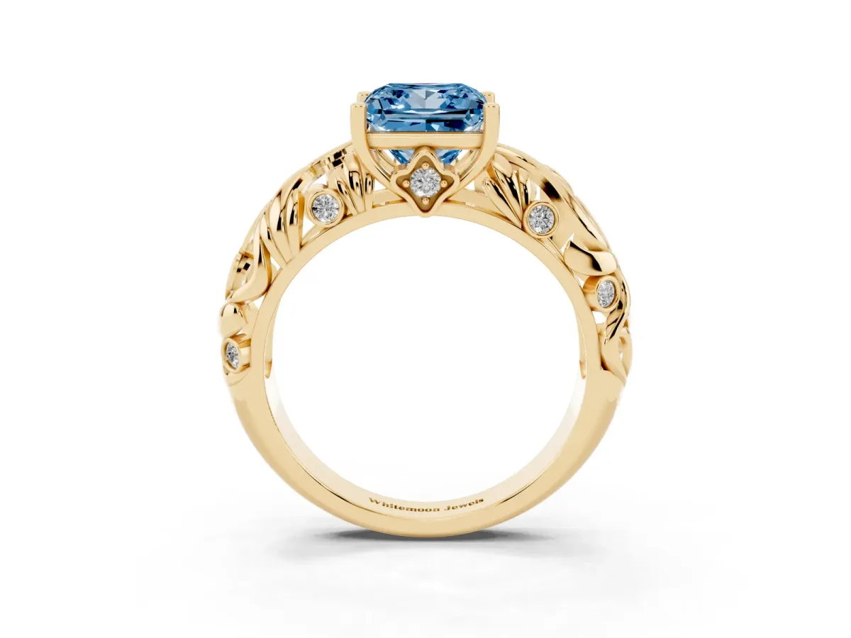 Fancy Blue Princess Cut Solitaire Diamond Leaf-Inspired Vine Band Ring with Prong Setting Yellow gold