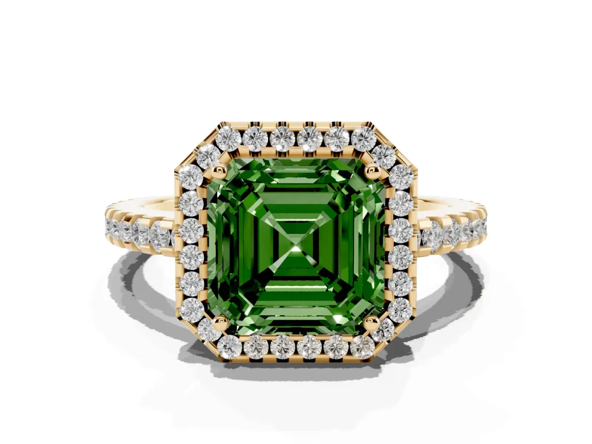 Fancy Green Asscher Cut Diamond Halo Engagement Ring with Pavé Band and Prong Setting Yellow gold