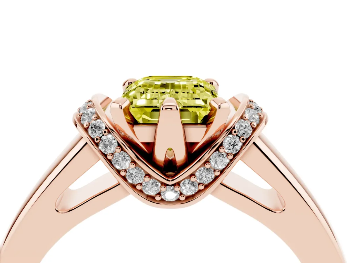 Fancy Yellow Emerald Cut Solitaire Diamond Ring with Pave Band and Six-Prong Setting Rose gold