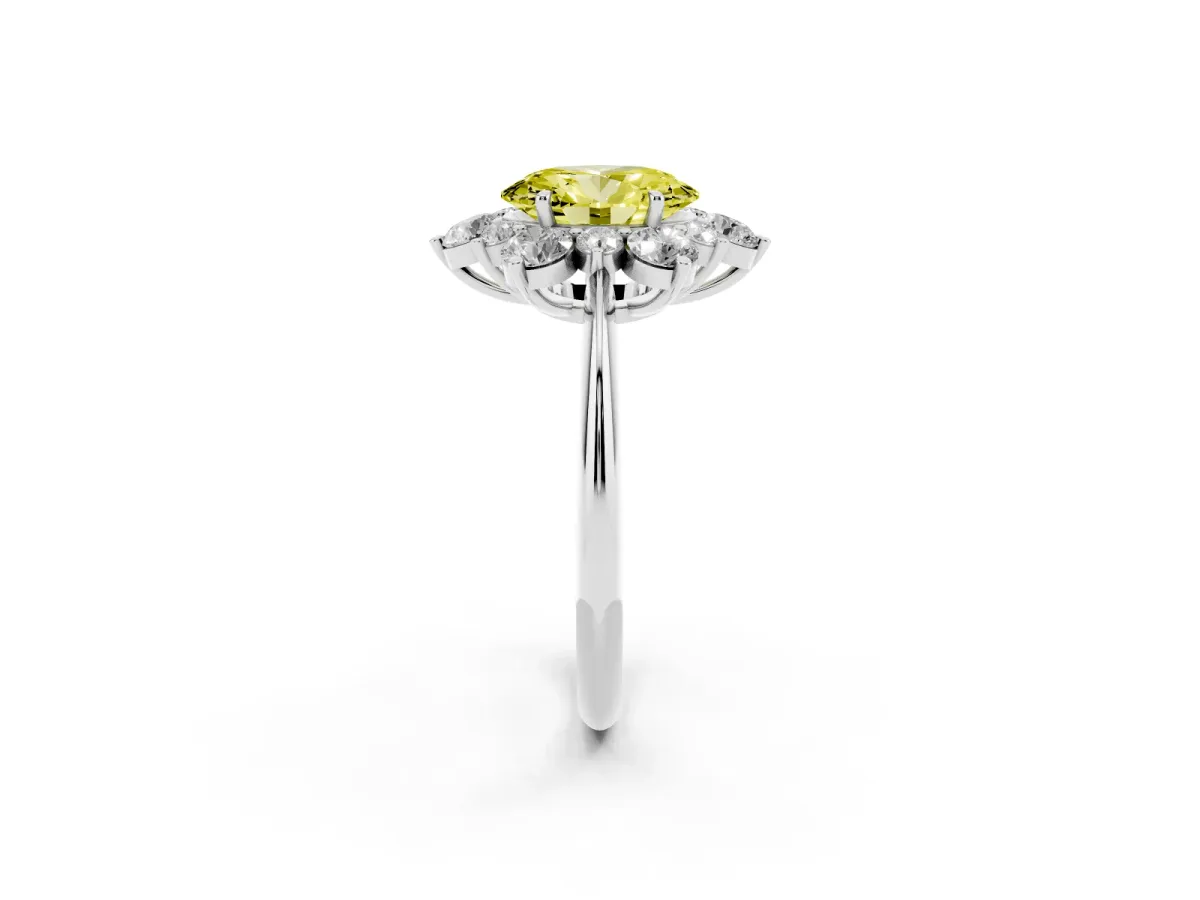 Fancy Yellow Oval Cut Diamond Cluster Halo Ring with Solitaire Band and Four-Prong Setting Silver