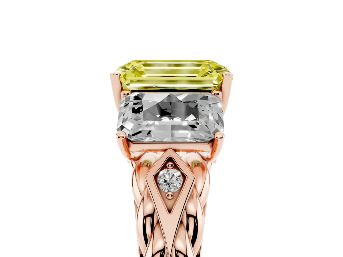 Fancy Yellow Three-Stone Radiant Cut Diamond Braided Band Ring with Four-Prong Setting Rose gold