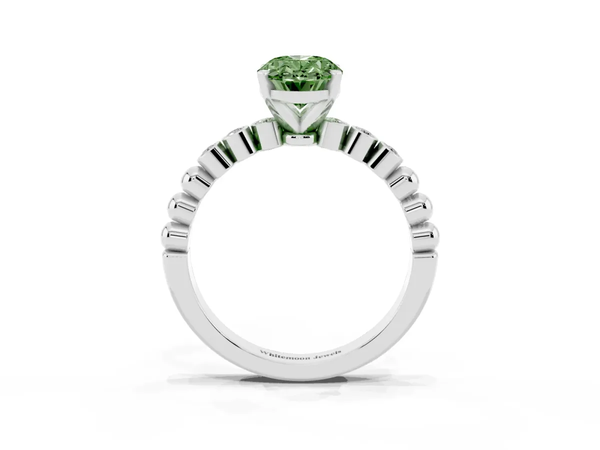 Fancy Green Oval Cut Solitaire Bezel Accent Diamond Engagement Ring with Beaded Band and Four-Prong Setting Silver