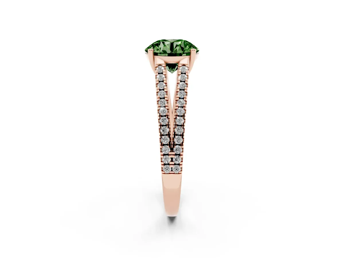 Fancy Green Round Cut Diamond Solitaire Engagement Ring with Split Shank Pavé Band Rose gold