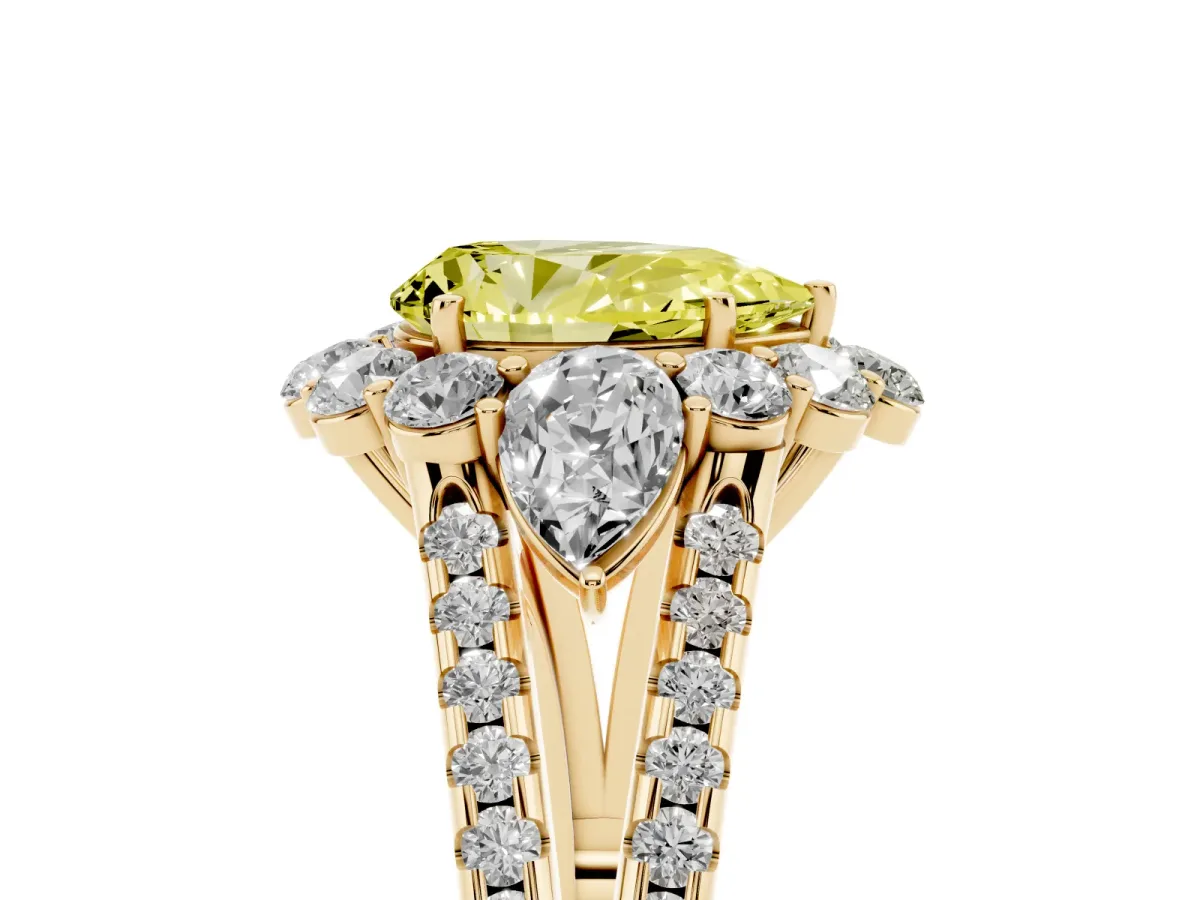 Fancy Yellow Pear Cut Halo Split Shank Diamond Engagement Ring with Prong Setting Yellow gold