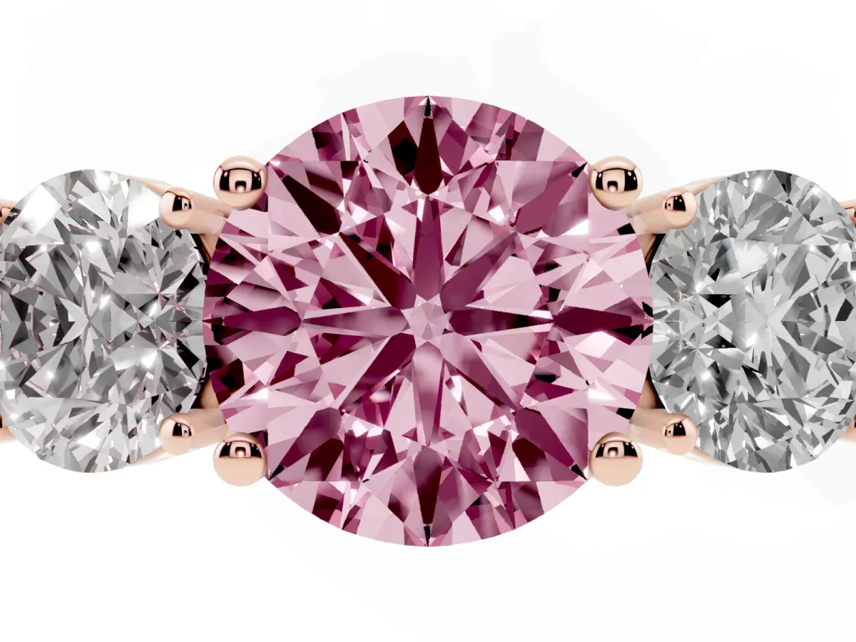 Fancy Pink Three-Stone Round Cut Cut Diamond Engagement Ring with Flat Band and Four-Prong Setting Rose gold