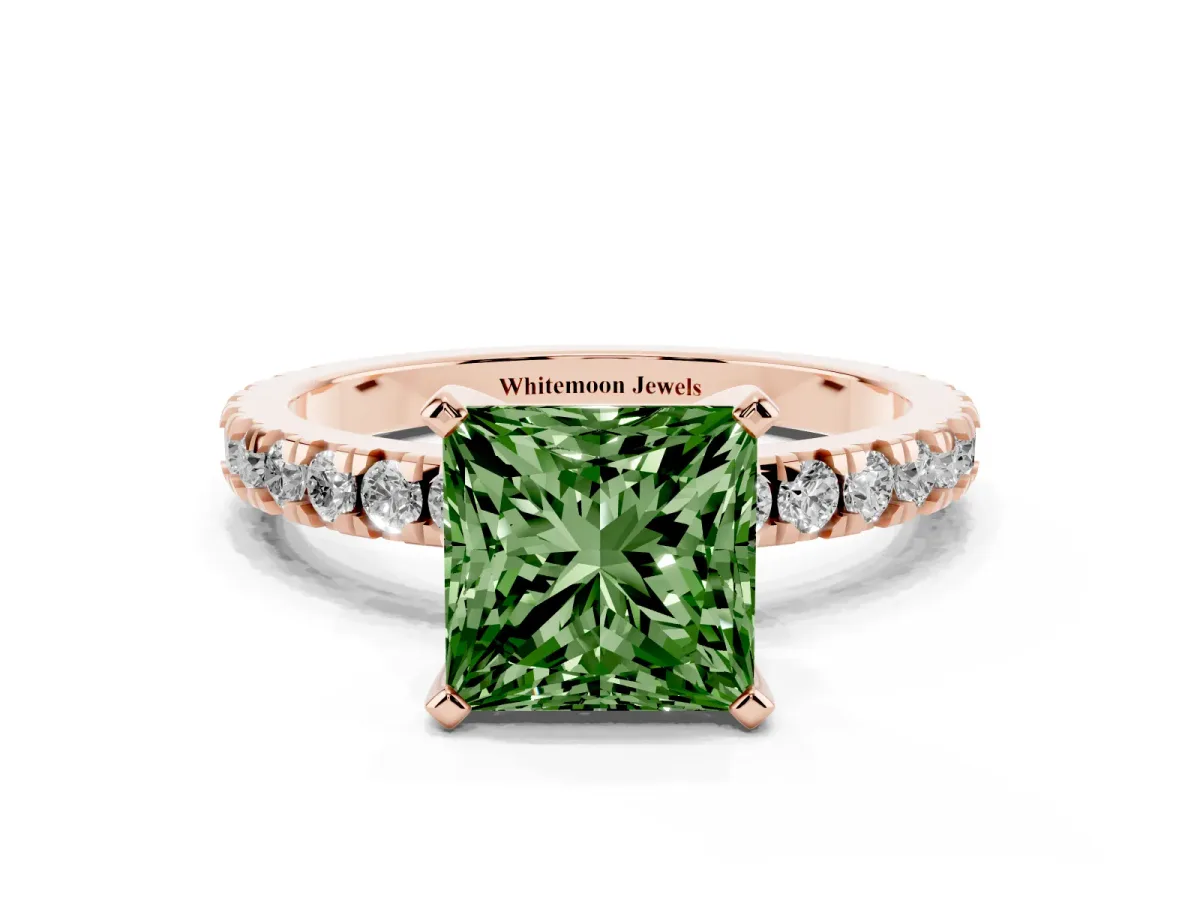 Fancy Green Princess Cut Diamond Pavé Band Solitaire with Four-Prong Setting Rose gold