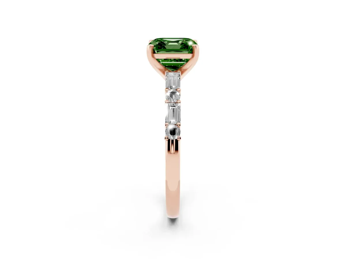Fancy Green Asscher Cut Diamond Solitaire with Side Baguettes and Channel Set Band Rose gold