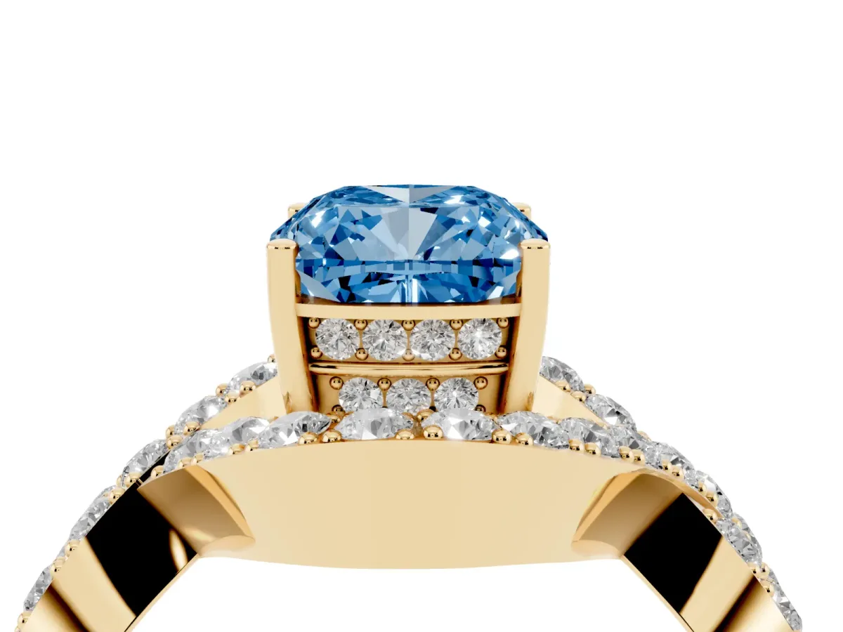 Fancy Blue Cushion Cut Solitaire Twist Band Pavé Diamond Engagement Ring Yellow gold