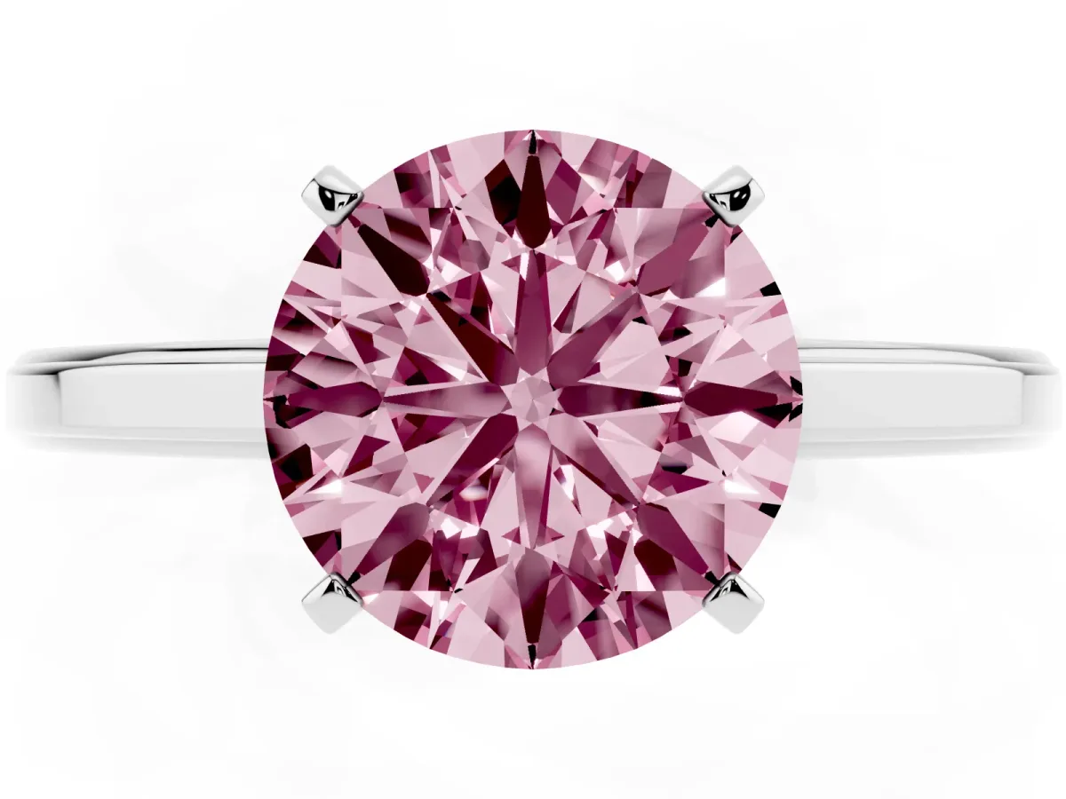 Fancy Pink Round Cut Solitaire Diamond Ring with Four-Prong Setting and Classic Band Platinum