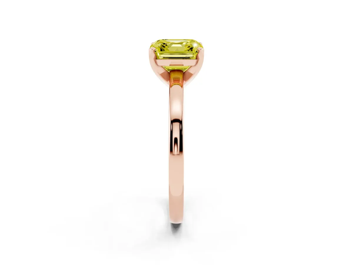 Fancy Yellow Asscher Cut Solitaire Diamond Engagement Ring with Four-Prong Setting on a Classic Band Rose gold
