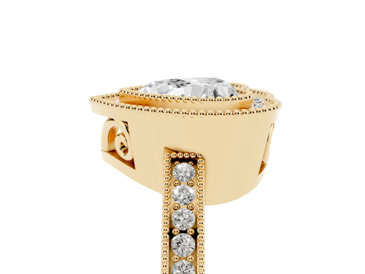 Heart Cut Cut Halo Diamond Ring with Pavé Band and Milgrain Prong Setting Yellow gold