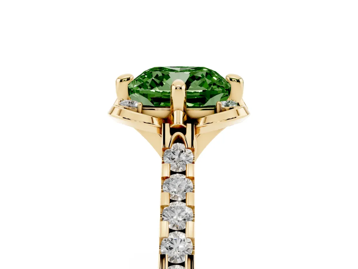 Fancy Green Cushion Cut Diamond Ring with Pavé Band and Floral Prong Setting Yellow gold