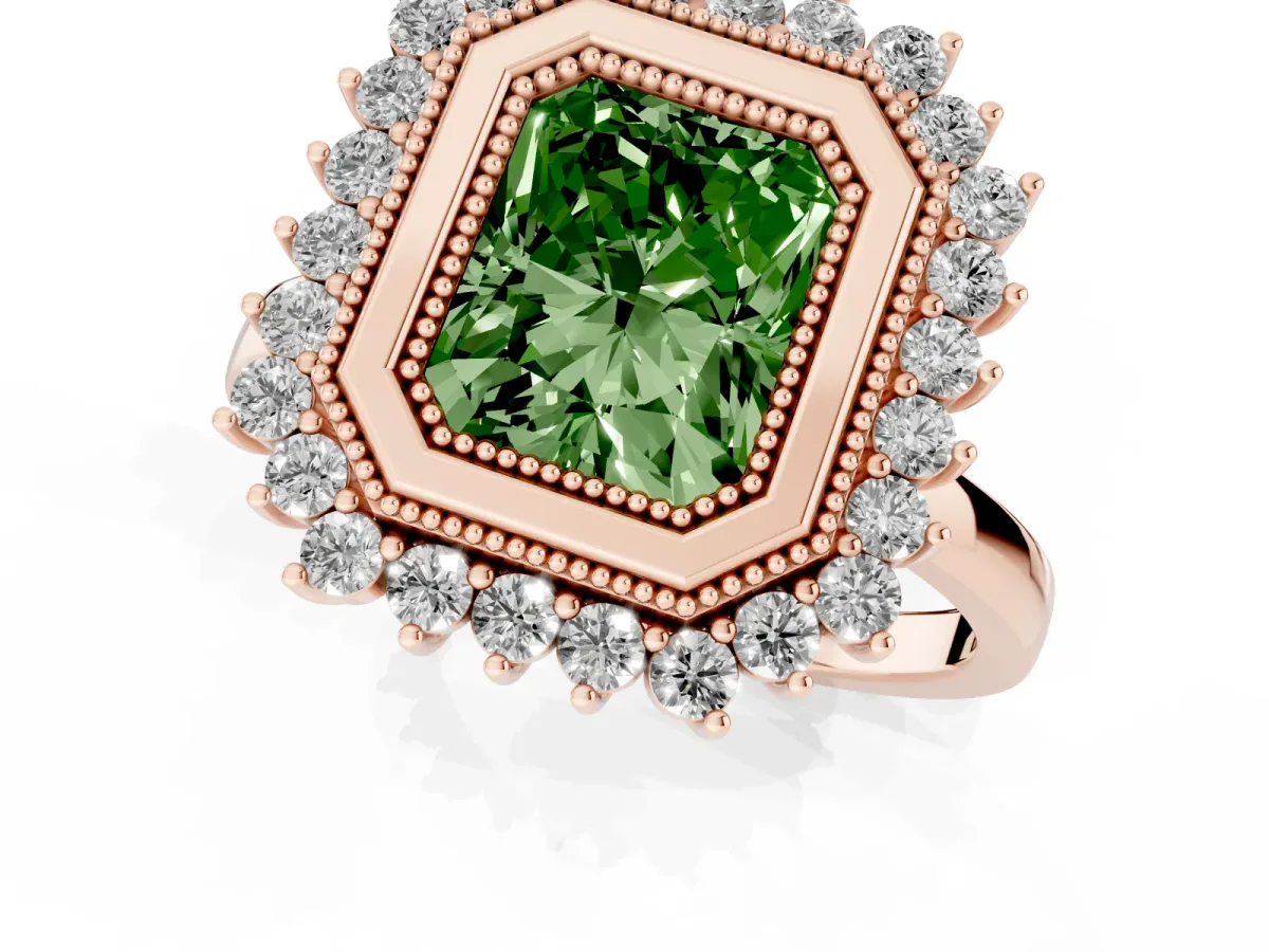 Fancy Green Radiant Cut Halo Diamond Ring with Milgrain Edge and Round Prong Setting Rose gold