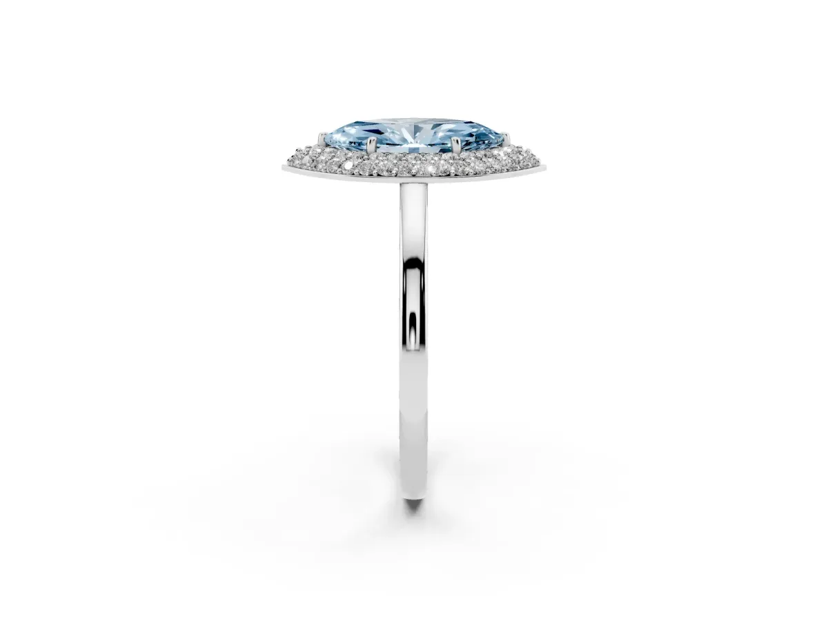 Fancy Blue Marquise Cut Halo Diamond Engagement Ring with Solitaire Band and Four-Prong Setting Silver