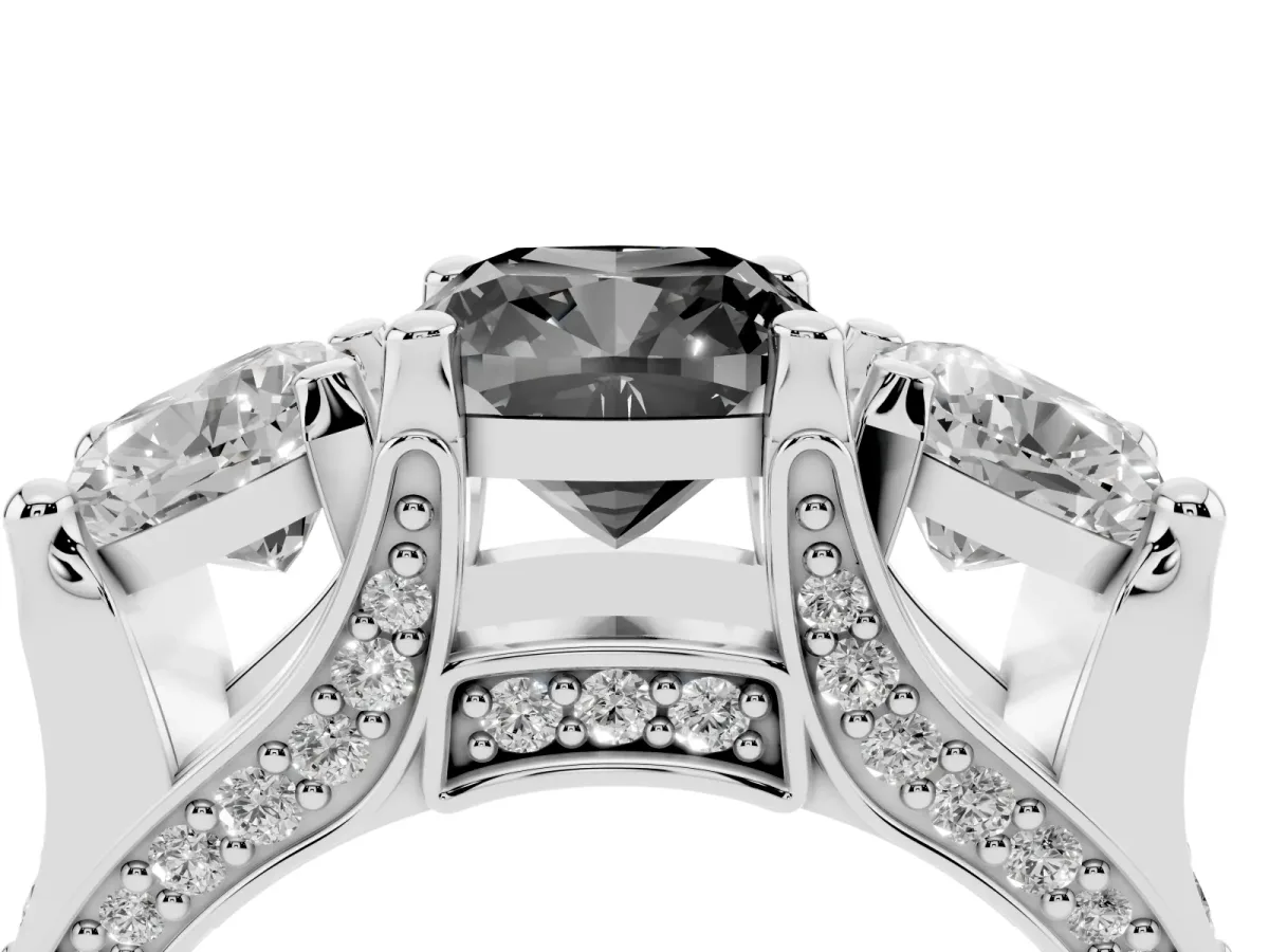 Fancy Black Cushion Cut Diamond Three-Stone Ring with Channel Set Band and Four-Prong Setting Silver