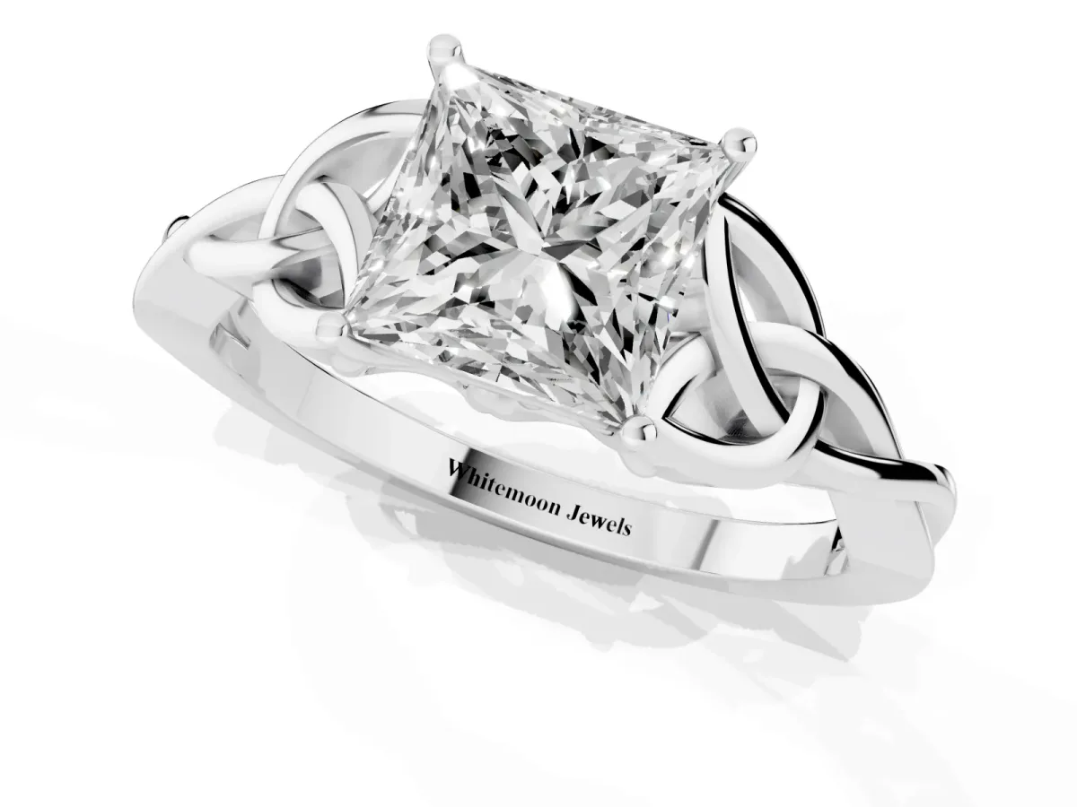 Princess Cut Diamond Solitaire Engagement Ring with Celtic Knot Band and Four-Prong Setting White gold