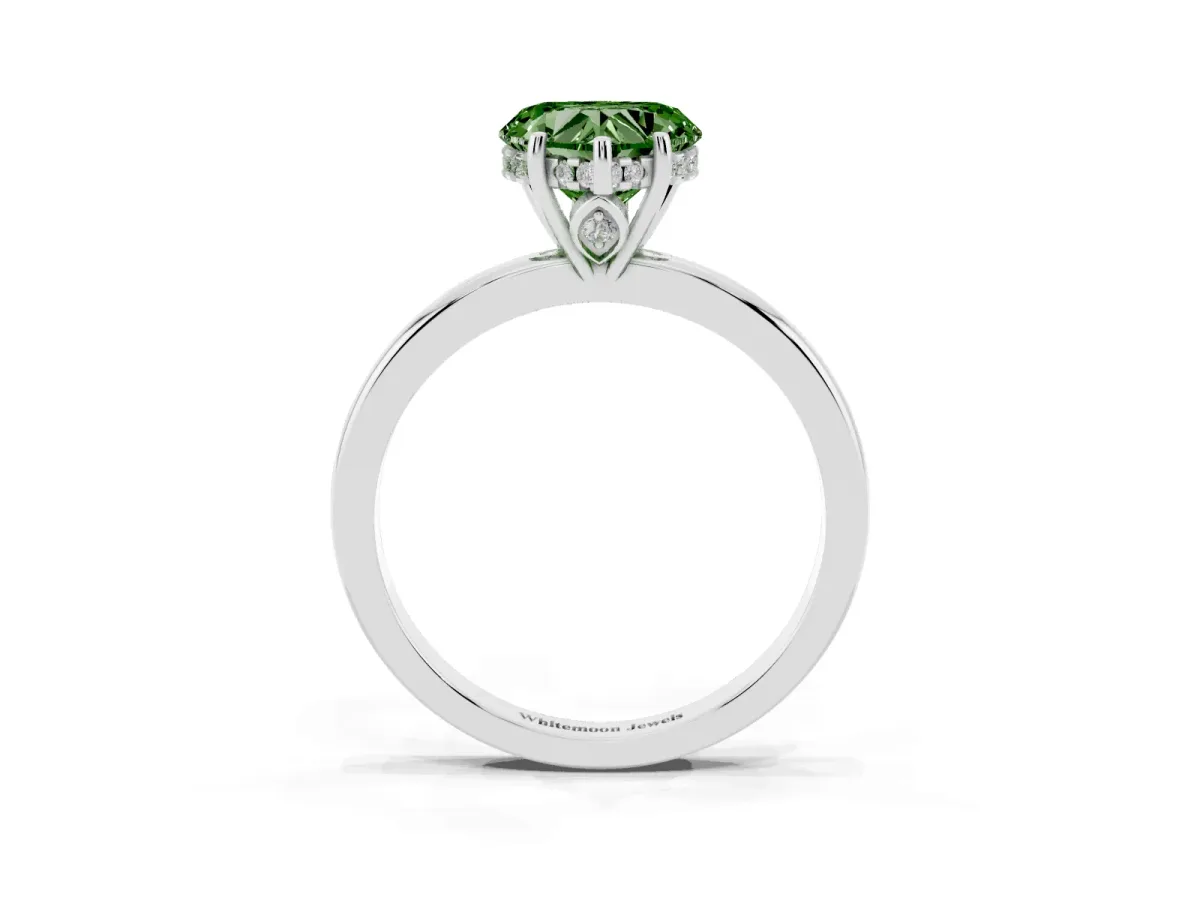 Fancy Green Heart Cut Solitaire Diamond Ring with Prong Setting and Plain Band White gold