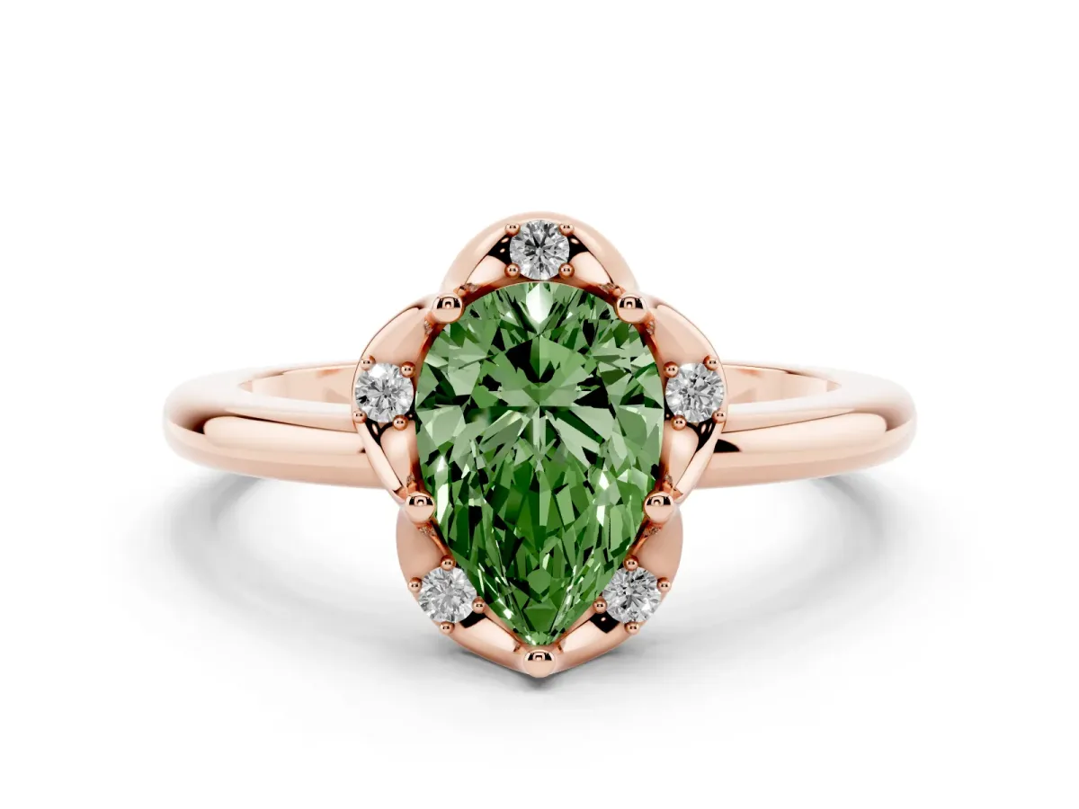 Fancy Green Pear Cut Halo Diamond Ring with Round Cluster Setting, Solitaire Band, and Four-Prong Setting Rose gold