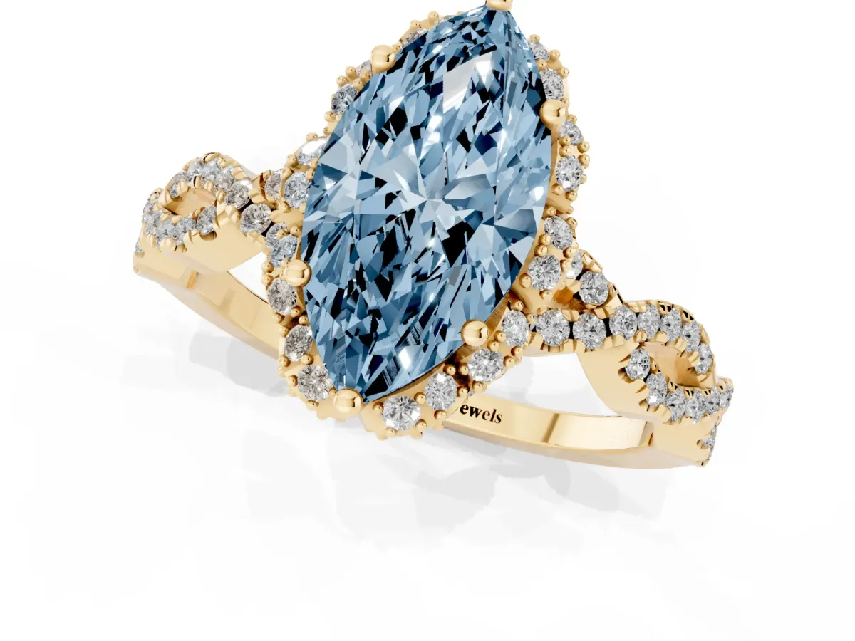 Fancy Blue Marquise Cut Halo Twist Band Solitaire Ring with Six-Prong Setting Yellow gold