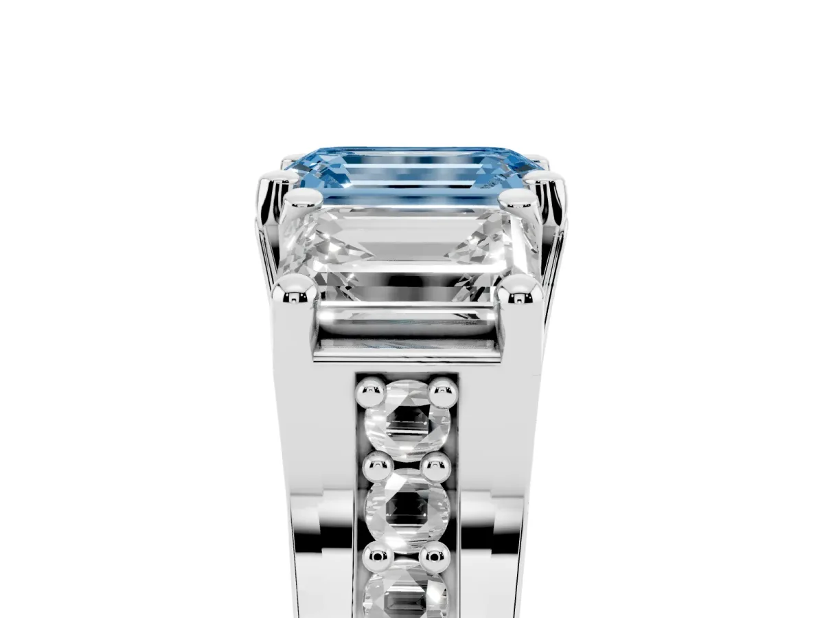 Fancy Blue Emerald Cut Diamond Three-Stone Ring with Channel Set Band and Four-Prong Setting Silver