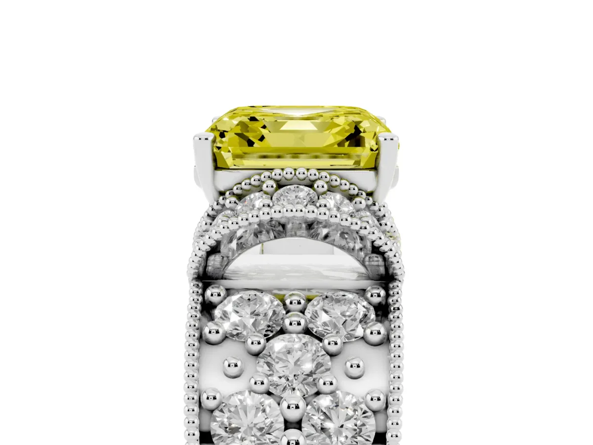 Fancy Yellow Asscher Cut Halo Pave Diamond Engagement Ring with Milgrain Detailing Platinum