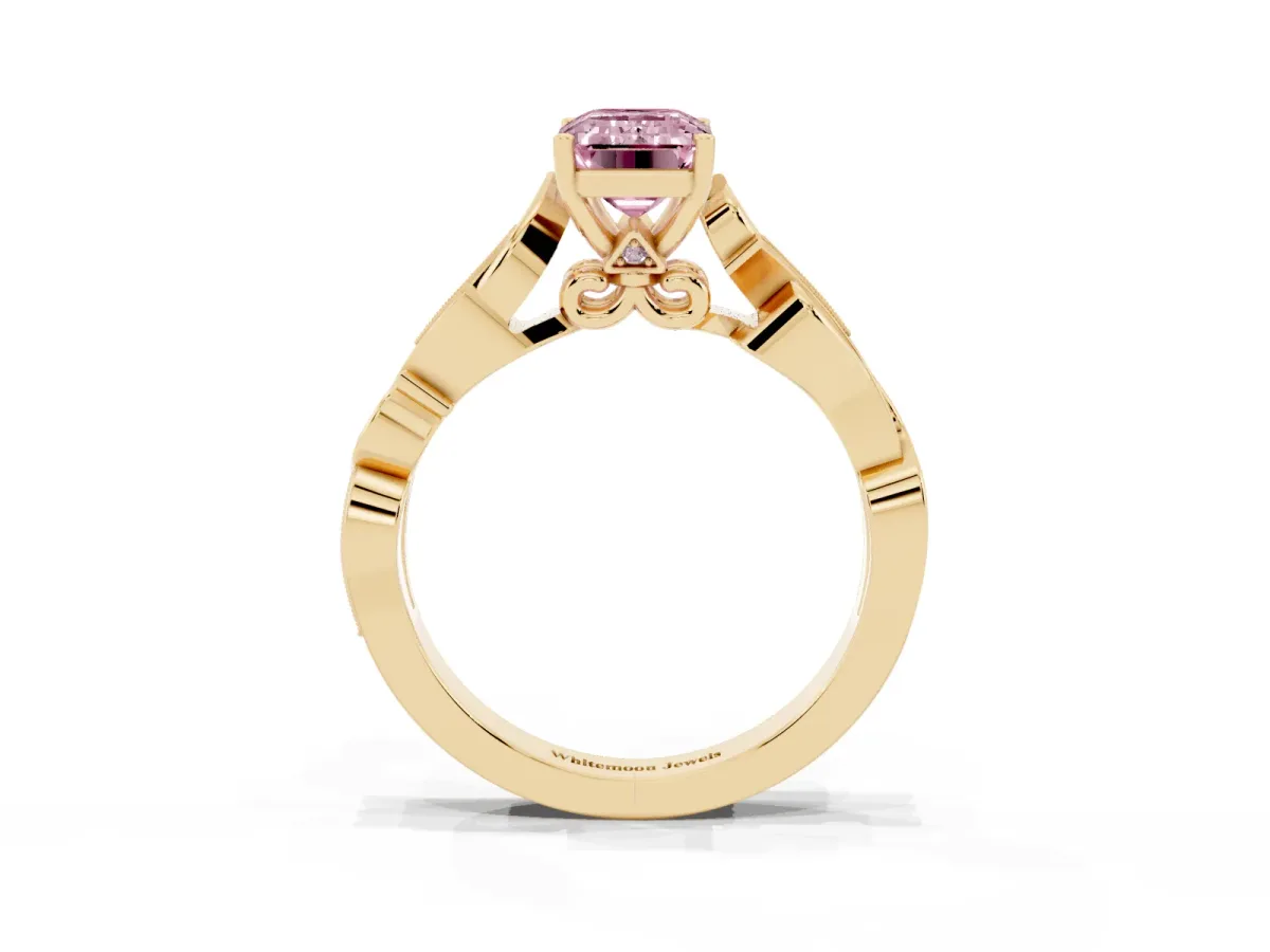Fancy Pink Emerald Cut Solitaire Vine Band with Milgrain Prong Setting Yellow gold