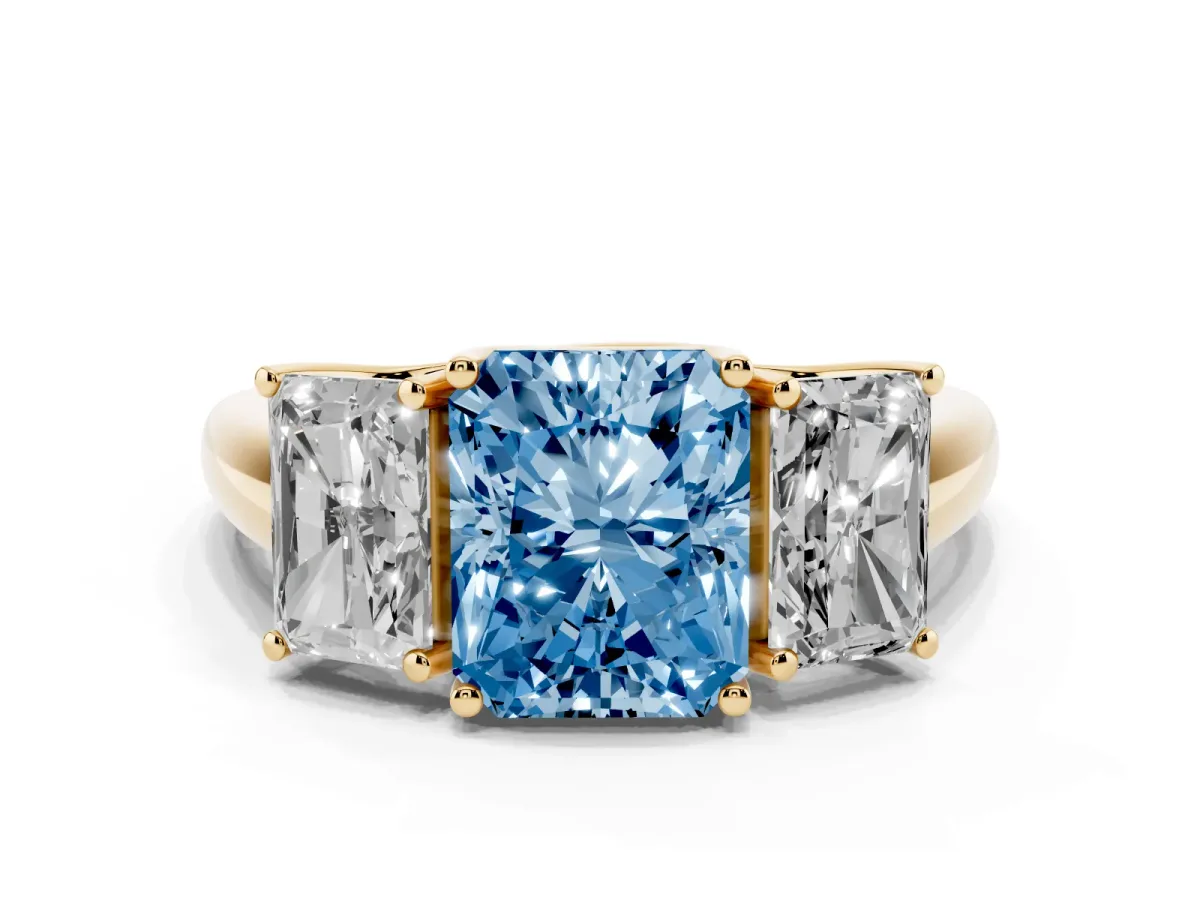 Fancy Blue Three-Stone Radiant Cut Diamond Engagement Ring with Prong Setting Yellow gold