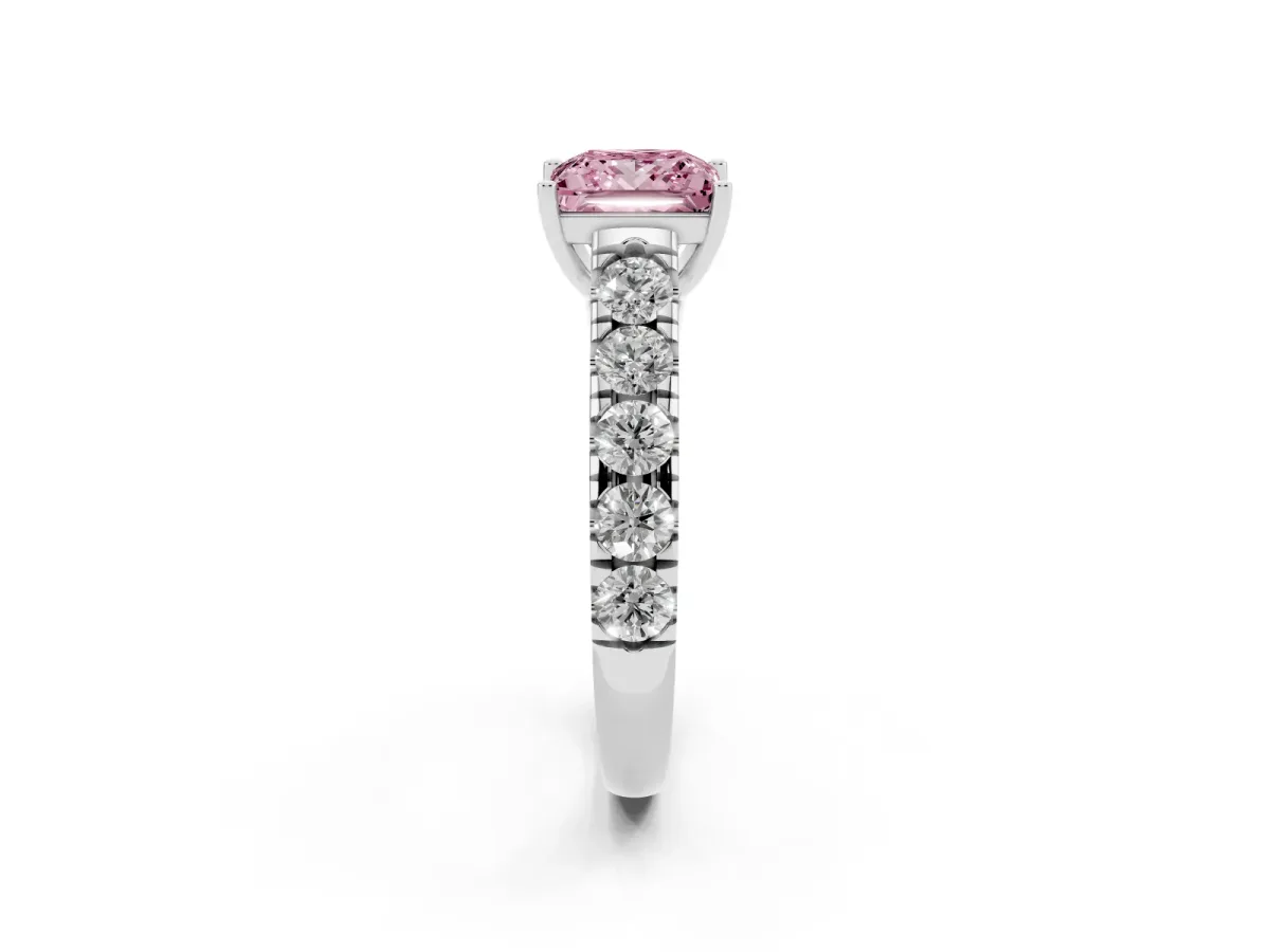 Fancy Pink Princess Cut Cut Diamond Solitaire Ring with Micro Pave Band and Prong Setting Silver